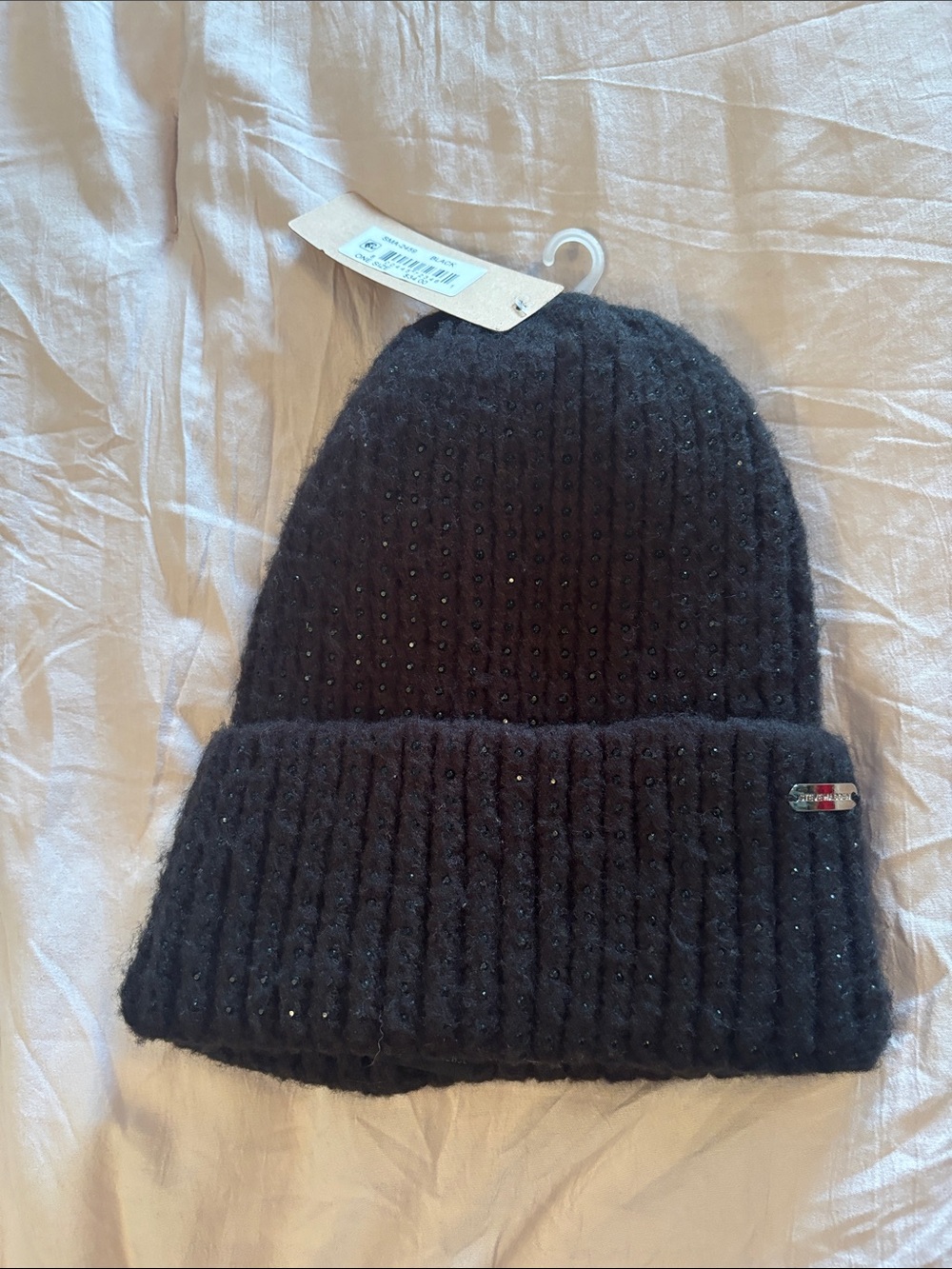 Steve Madden black Ribbed Beanie with Subtle Sparkle